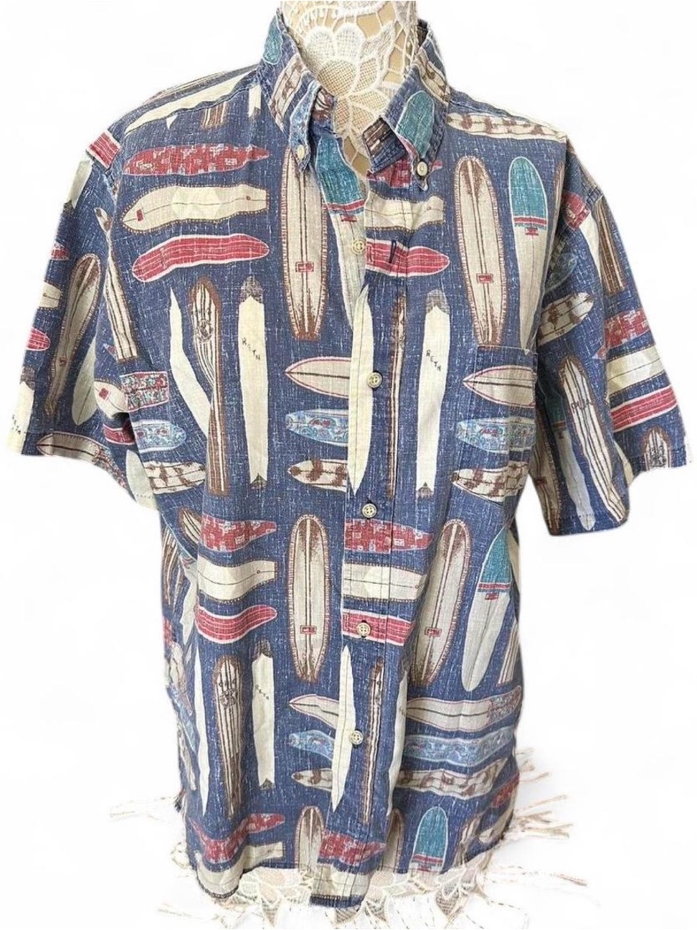 reyn spooner Blue Surfboard Print Button-Down Shirt with Red & Cream Accents